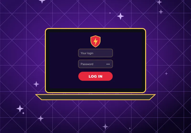 Laptop with the Vegas Hero casino login form and a red LOG IN button