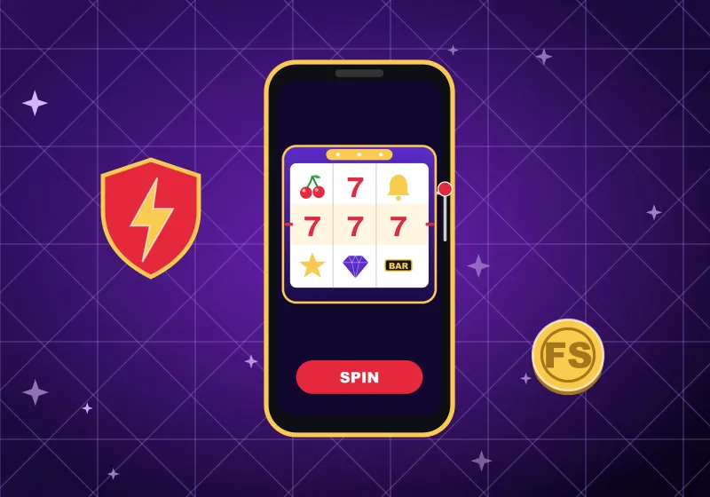 Phone with pokies reels, a SPIN button and the Vegas Hero shield