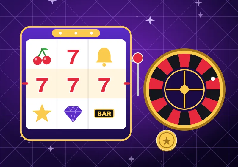 Slot machine with three sevens next to a roulette wheel