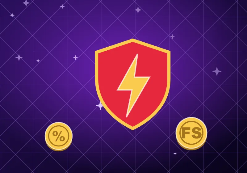 Red Vegas Hero shield with a gold lightning bolt between bonus coins